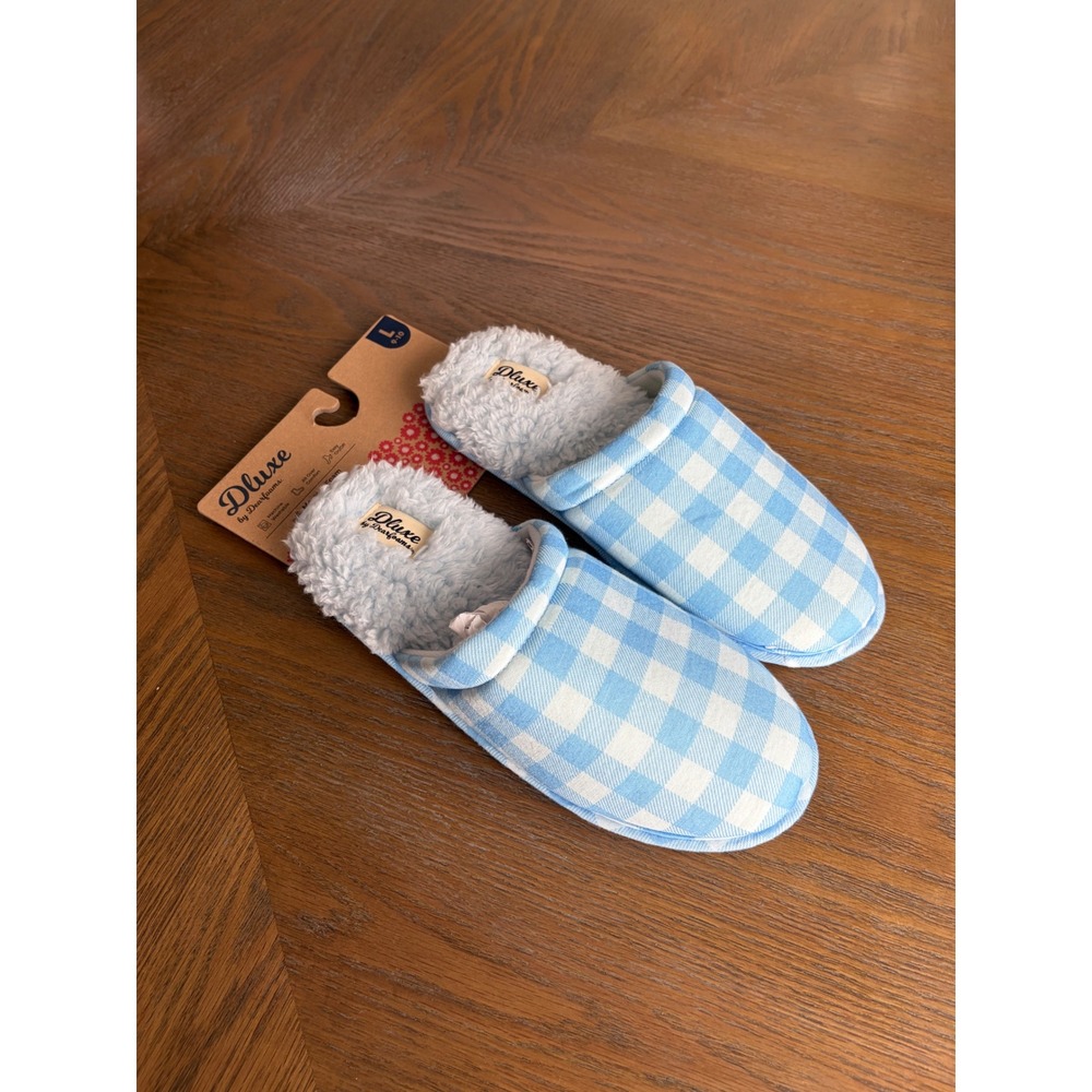 Dluxe by Dearfoams Women Blue Gingham Check Memory Foam Slippers Large 9-10 NWT
